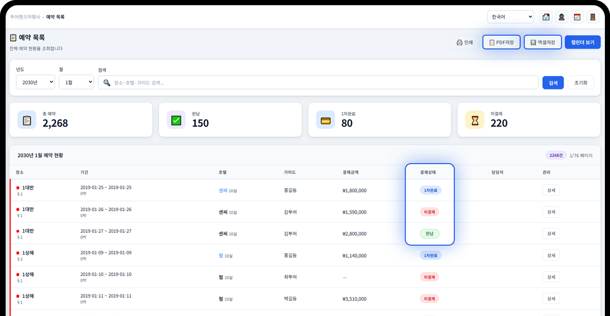 여행사 결제 및 정산 기능